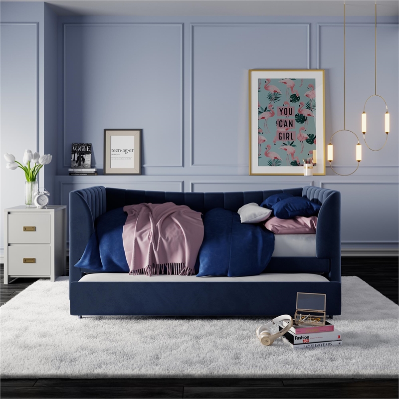 Pemberly Row Twin Upholstered Daybed and Trundle - Navy Blue Velvet