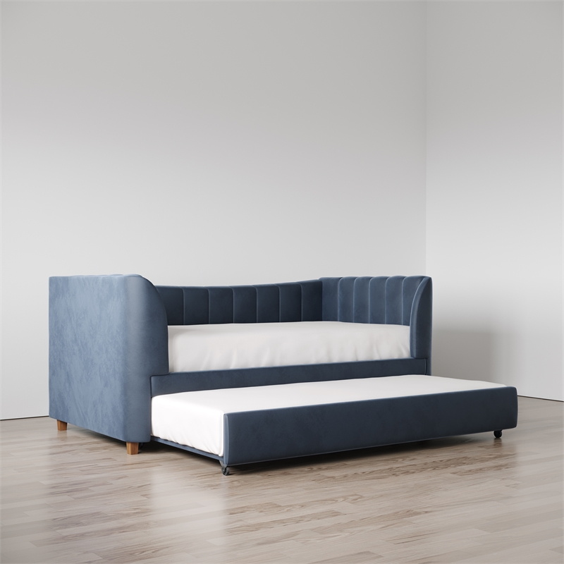 Pemberly Row Twin Upholstered Daybed and Trundle - Navy Blue Velvet