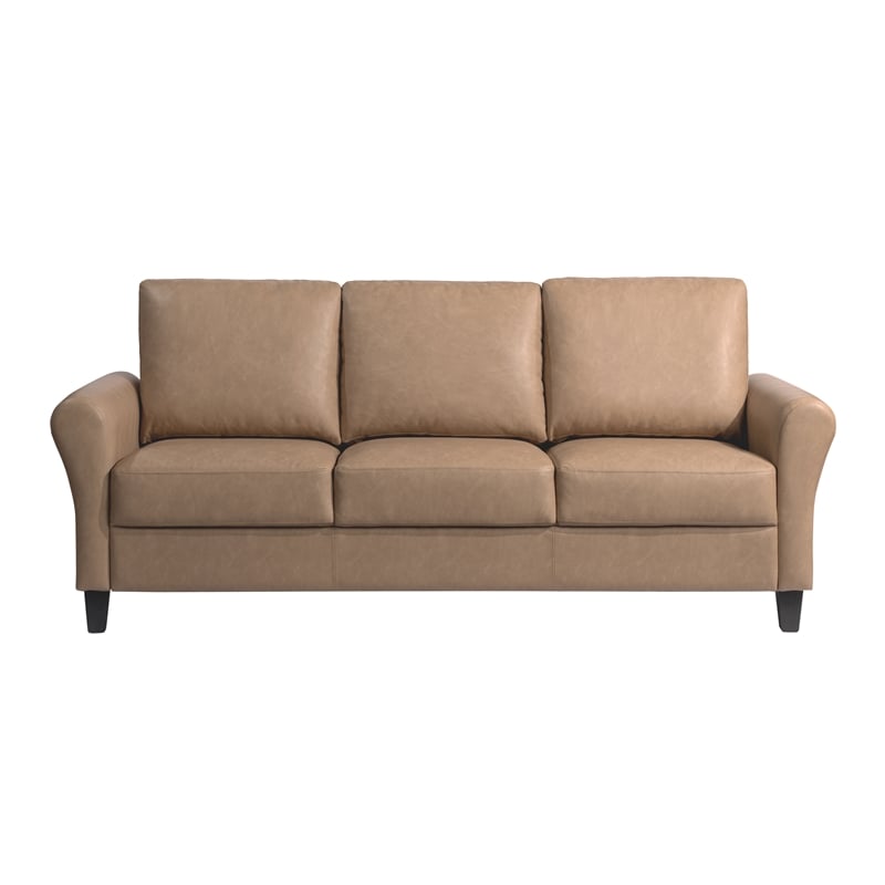 Pemberly Row Modern Stationary Sofa in Light Brown Faux Leather