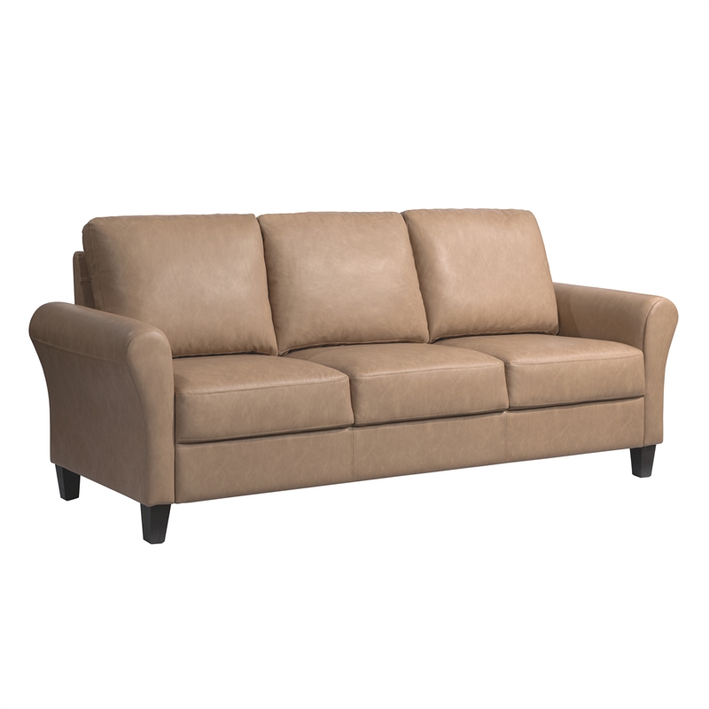 Pemberly Row Modern Stationary Sofa in Light Brown Faux Leather