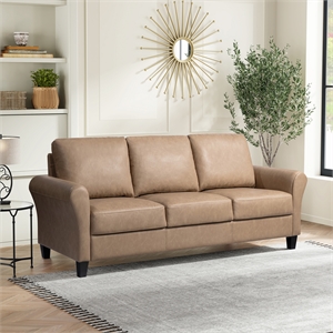 Pemberly Row Modern Stationary Sofa in Light Brown Faux Leather