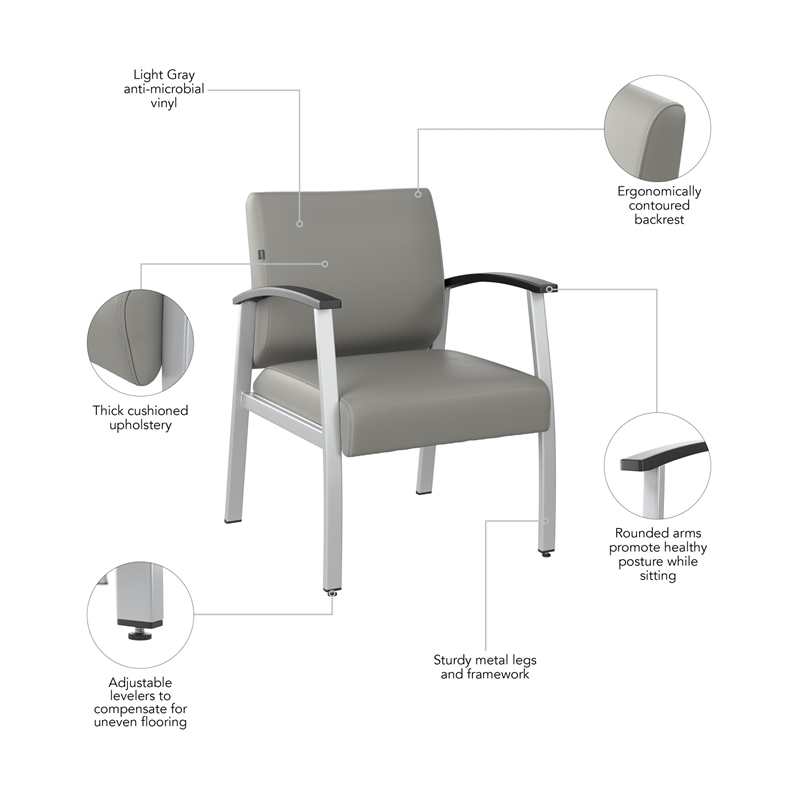 Pemberly Row Waiting Room Guest Chair with Arms in Light Gray Vinyl