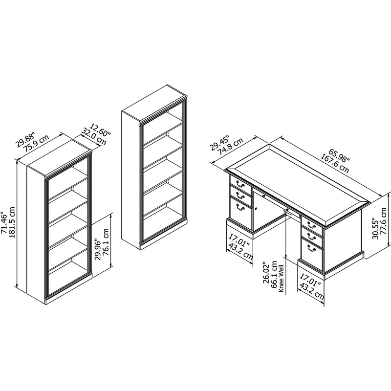 Pemberly Row Executive Desk and Two 5 Shelf Bookcases in Cherry