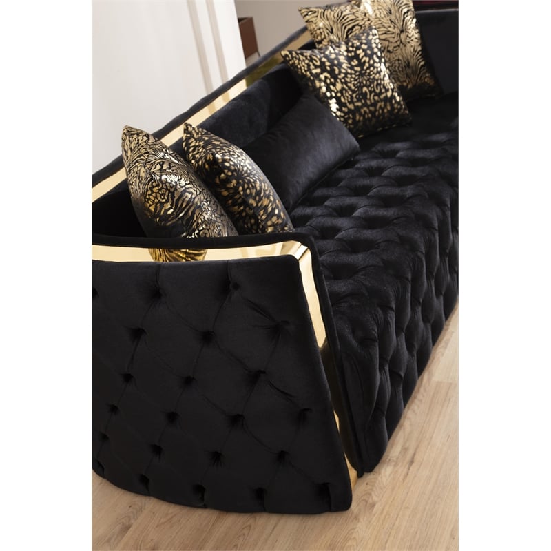 Pemberly Row Button Tufted Sofa Finished w/ Velvet Fabric & Gold Accent - Black