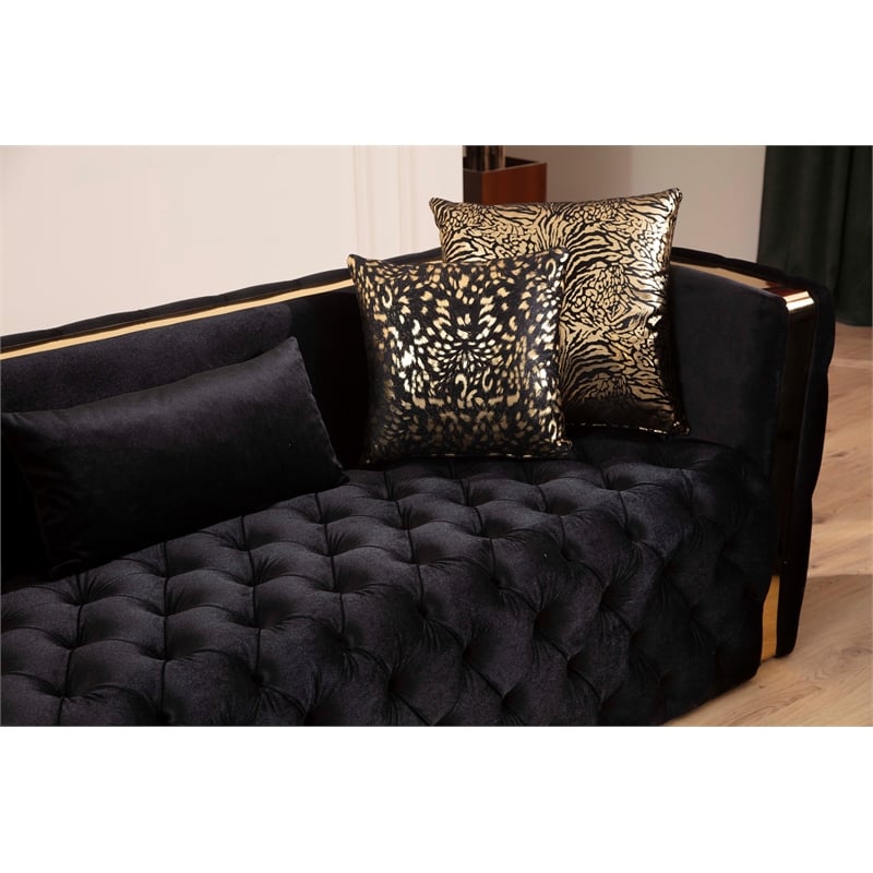 Pemberly Row Button Tufted Sofa Finished w/ Velvet Fabric & Gold Accent - Black