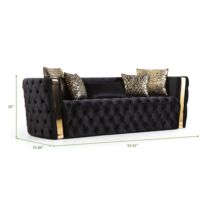 Pemberly Row Button Tufted Sofa Finished w/ Velvet Fabric & Gold Accent - Black