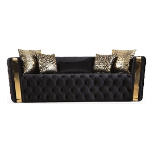 Pemberly Row Button Tufted Sofa Finished w/ Velvet Fabric & Gold Accent - Black