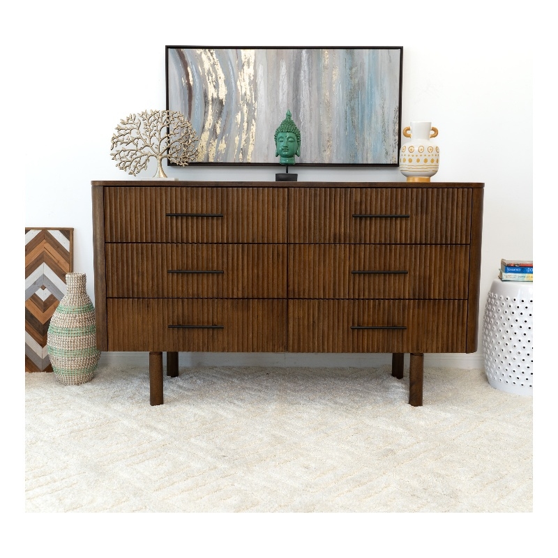 Pemberly Row Mid Century Modern Solid Wood Walnut Dresser with 6 Drawers