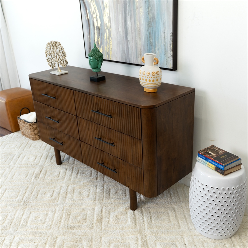 Pemberly Row Mid Century Modern Solid Wood Walnut Dresser with 6 Drawers