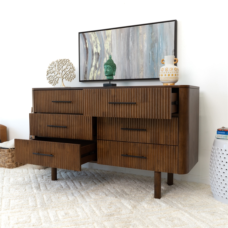 Pemberly Row Mid Century Modern Solid Wood Walnut Dresser with 6 Drawers