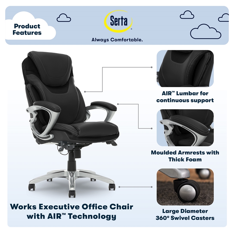 Pemberly Row Office Chair Patented AIR Lumbar Technology Leather Black