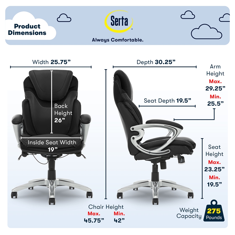 Pemberly Row Office Chair Patented AIR Lumbar Technology Leather Black