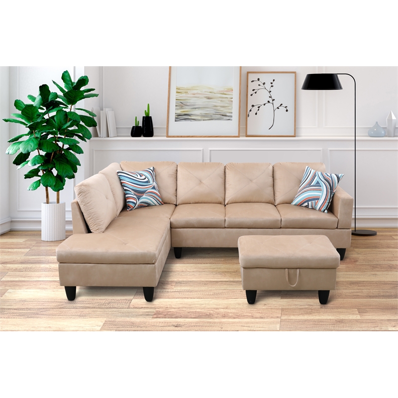 Pemberly Row L Shaped Beige Couch with Ottoman(Pillows Included) Microfiber