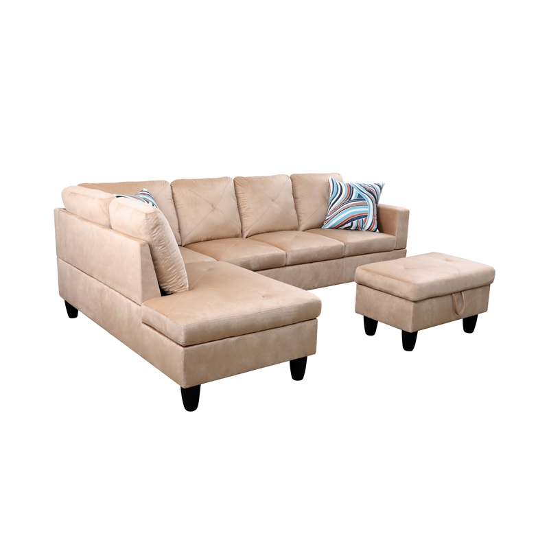 Pemberly Row L Shaped Beige Couch with Ottoman(Pillows Included) Microfiber