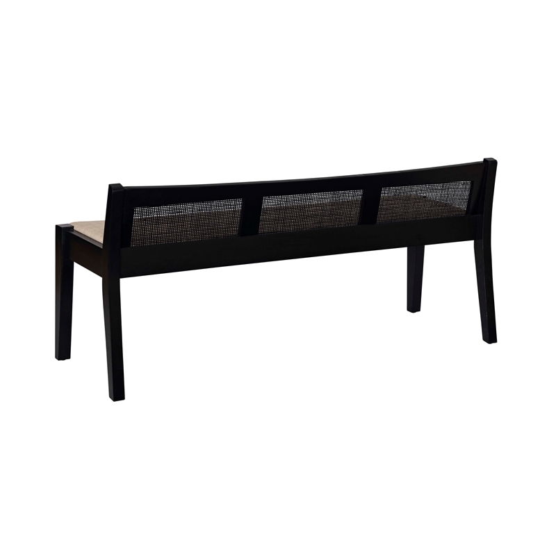 Pemberly Row Wood Bench Woven Cane Back Beige Padded Seat in Black Finish
