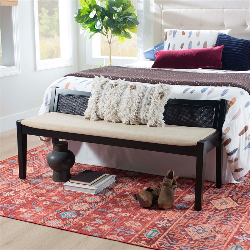 Pemberly Row Wood Bench Woven Cane Back Beige Padded Seat in Black Finish