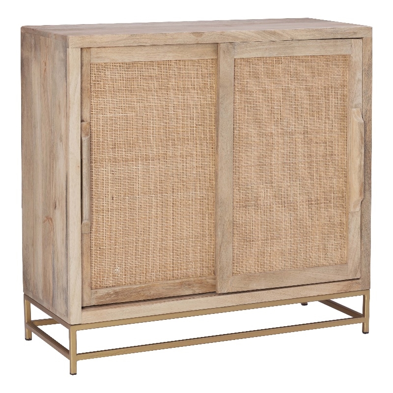 Pemberly Row Storage Cabinet 2 Sliding Cane Doors Gold Metal Base in Natural