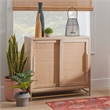 Pemberly Row Storage Cabinet 2 Sliding Cane Doors Gold Metal Base in Natural