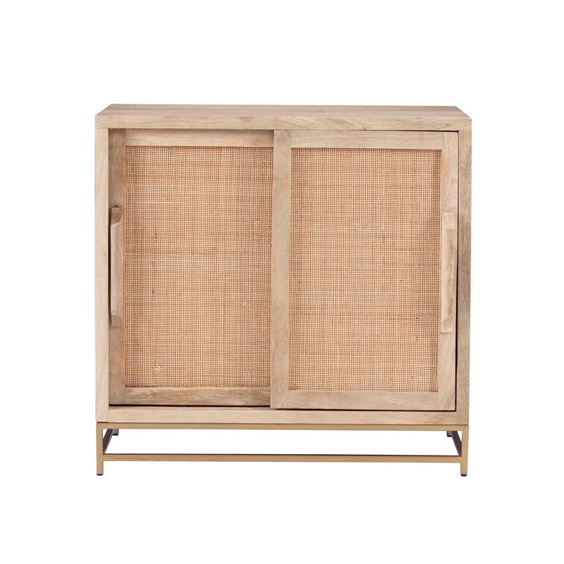 Pemberly Row Storage Cabinet 2 Sliding Cane Doors Gold Metal Base in Natural