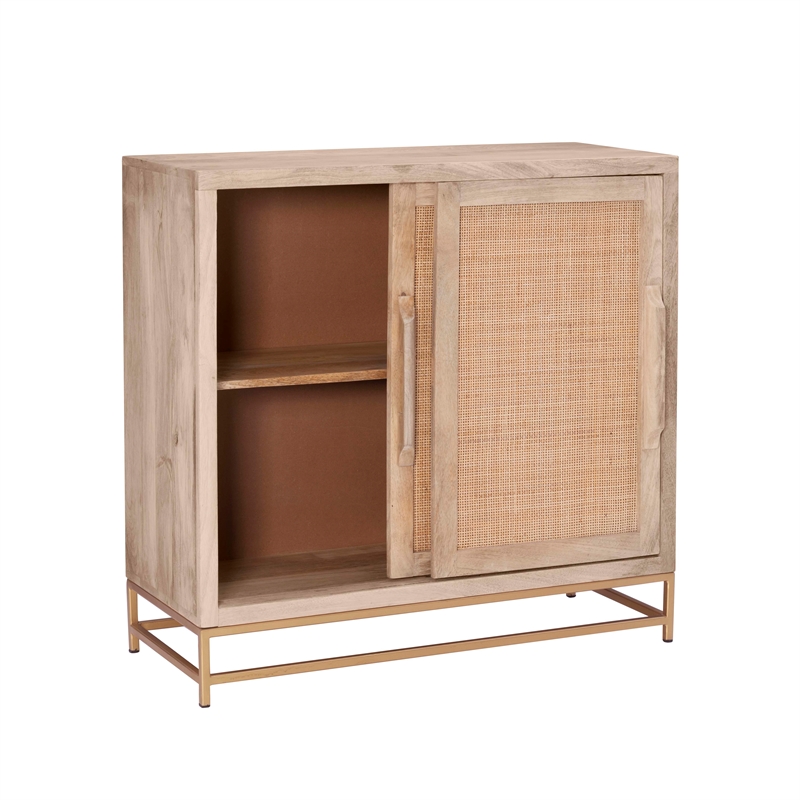 Pemberly Row Storage Cabinet 2 Sliding Cane Doors Gold Metal Base in Natural