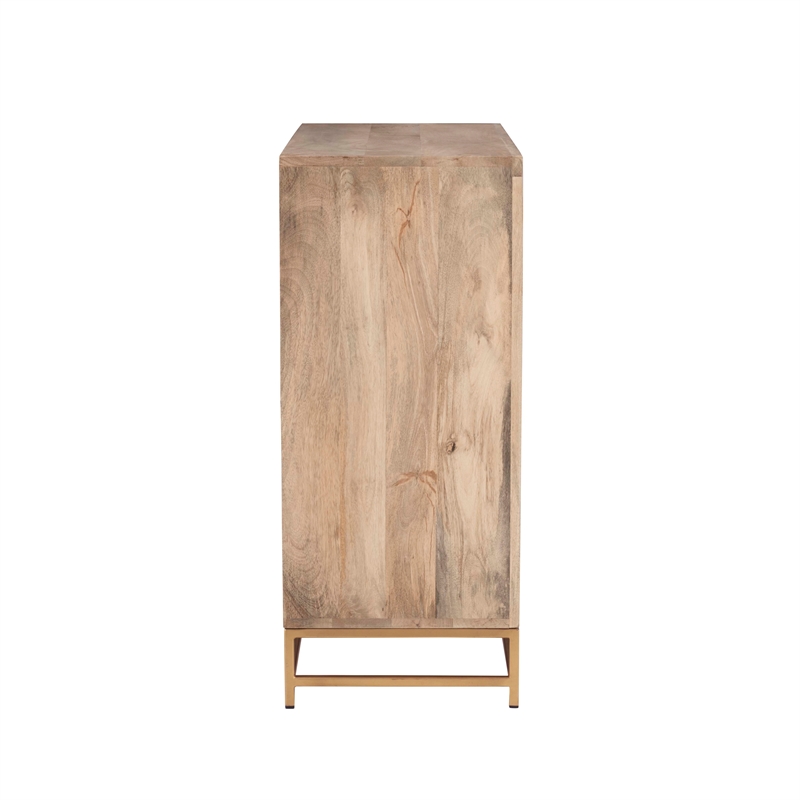 Pemberly Row Storage Cabinet 2 Sliding Cane Doors Gold Metal Base in Natural