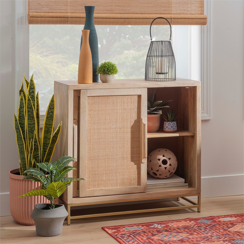 Pemberly Row Storage Cabinet 2 Sliding Cane Doors Gold Metal Base in Natural