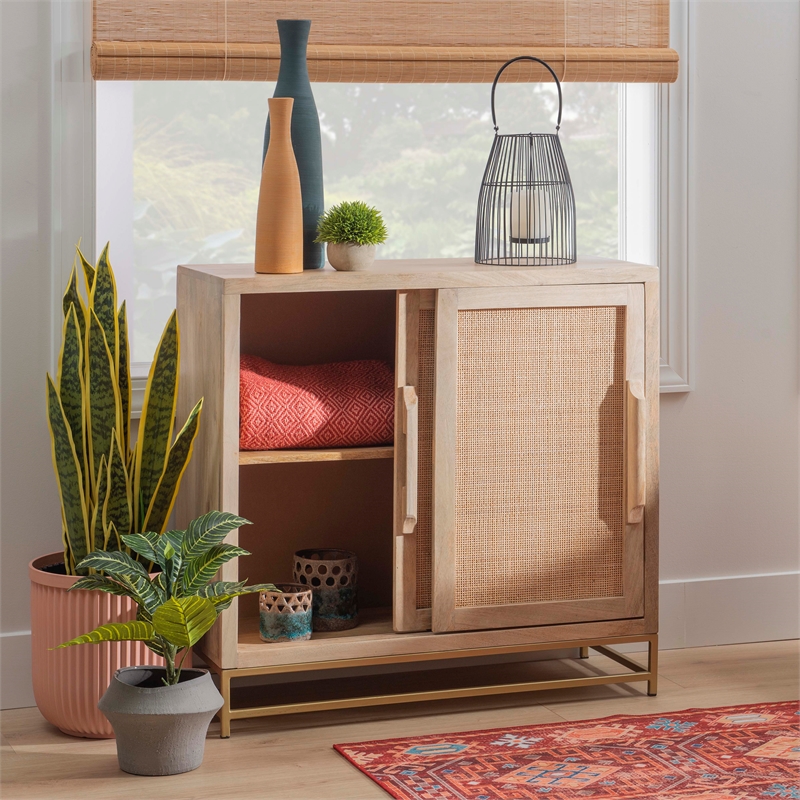Pemberly Row Storage Cabinet 2 Sliding Cane Doors Gold Metal Base in Natural