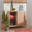 Pemberly Row Storage Cabinet 2 Sliding Cane Doors Gold Metal Base in Natural