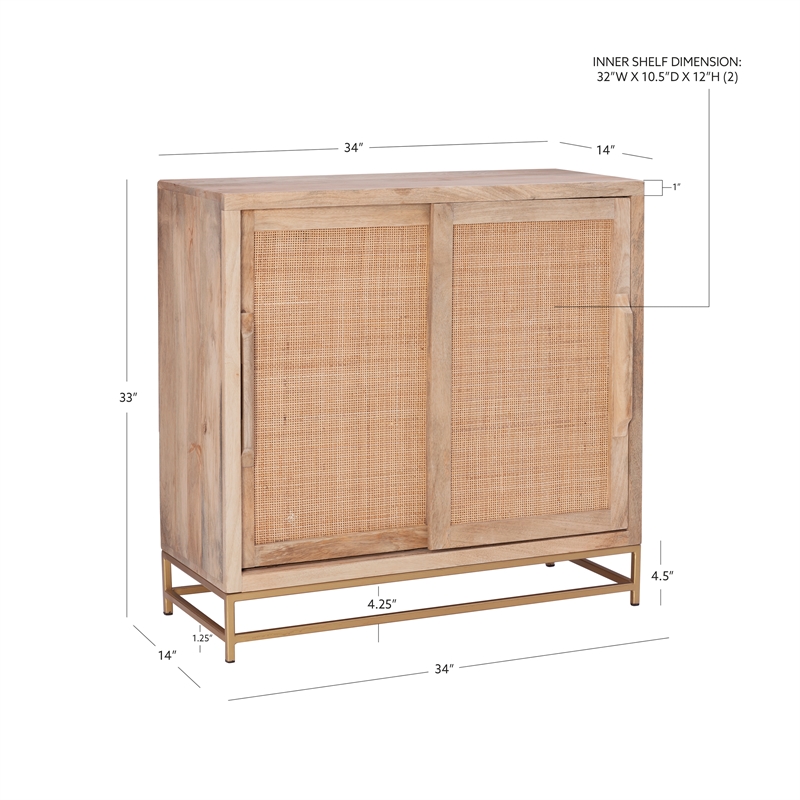 Pemberly Row Storage Cabinet 2 Sliding Cane Doors Gold Metal Base in Natural