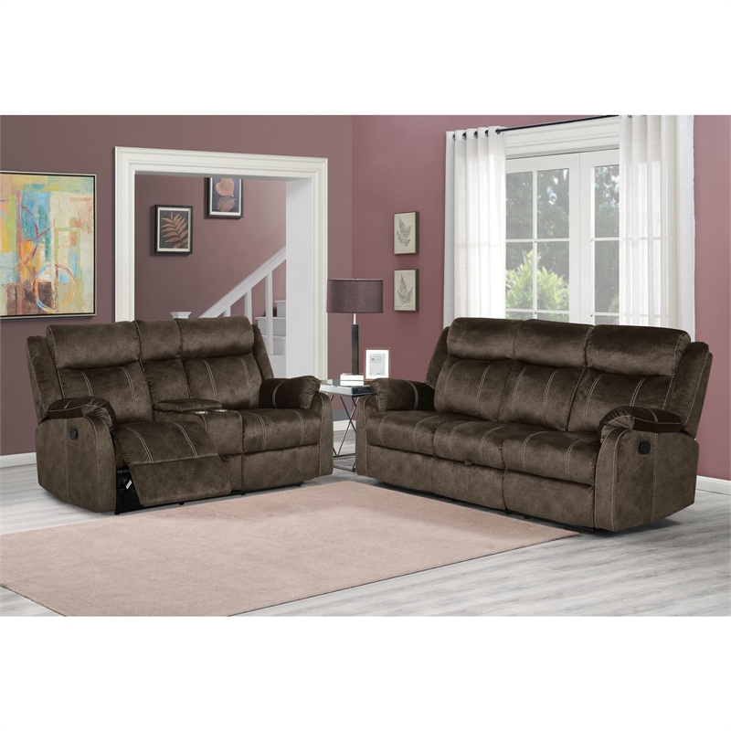 Pemberly Row Fabric Brown Reclining Loveseat w/ Console Drawer