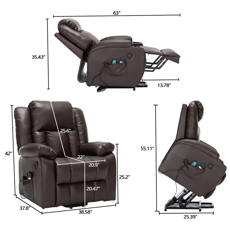 Pemberly Row Faux Leather Lift Assist Recliner Chair in Brown