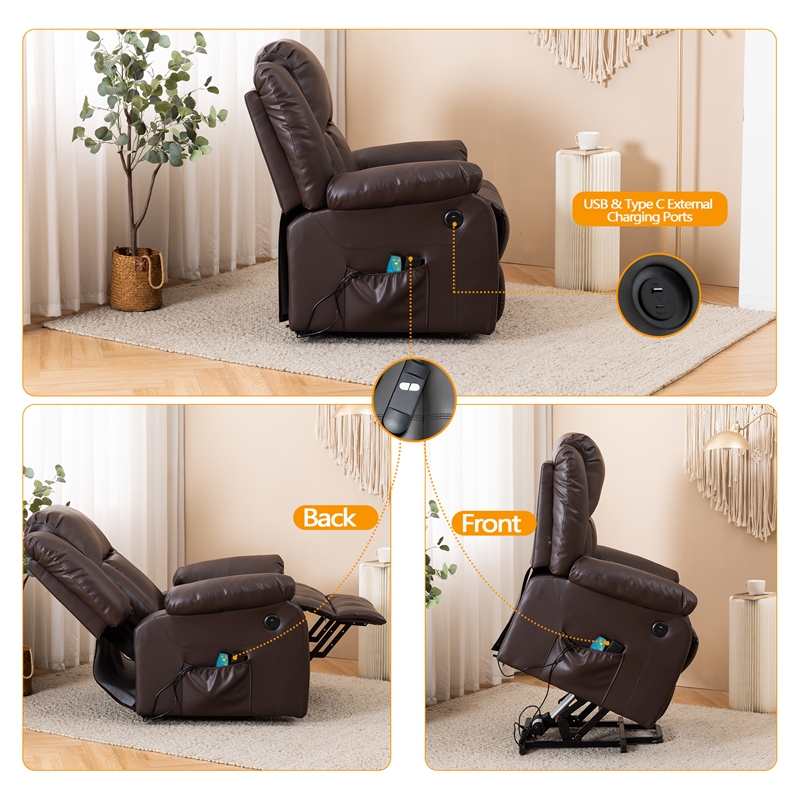 Pemberly Row Faux Leather Lift Assist Recliner Chair in Brown