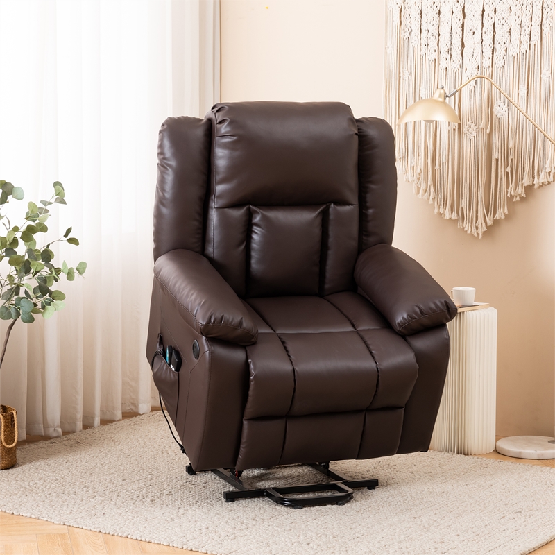 Pemberly Row Faux Leather Lift Assist Recliner Chair in Brown