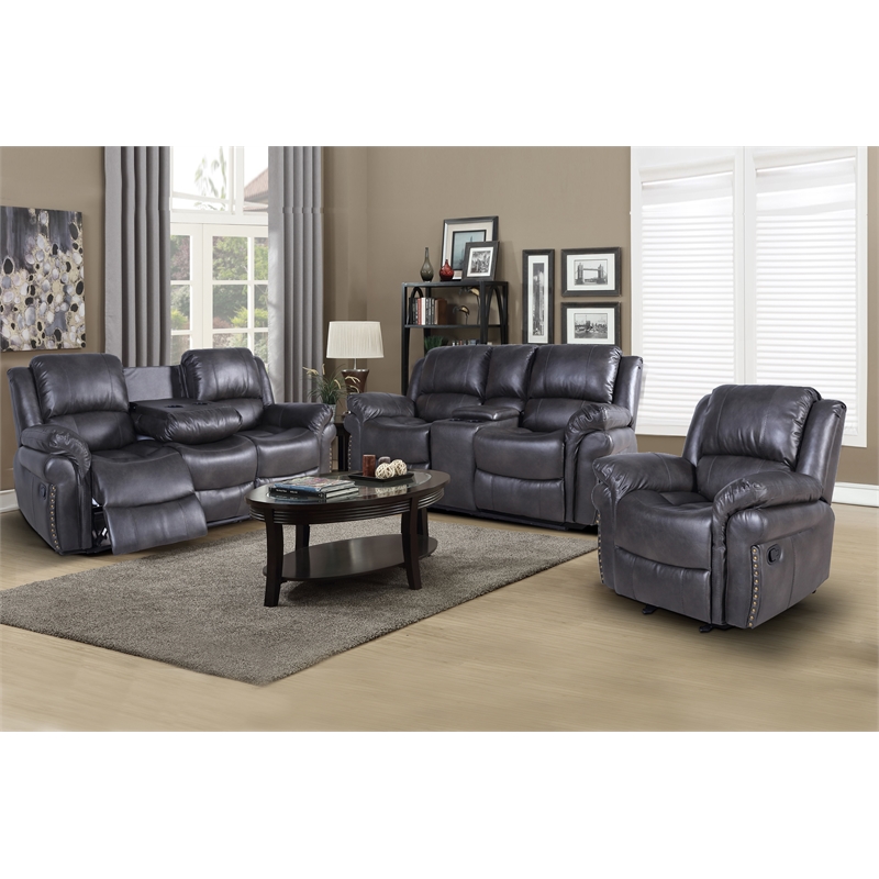 Pemberly Row 3-Piece Living Room Set Faux Leather Sofa Set in Gray