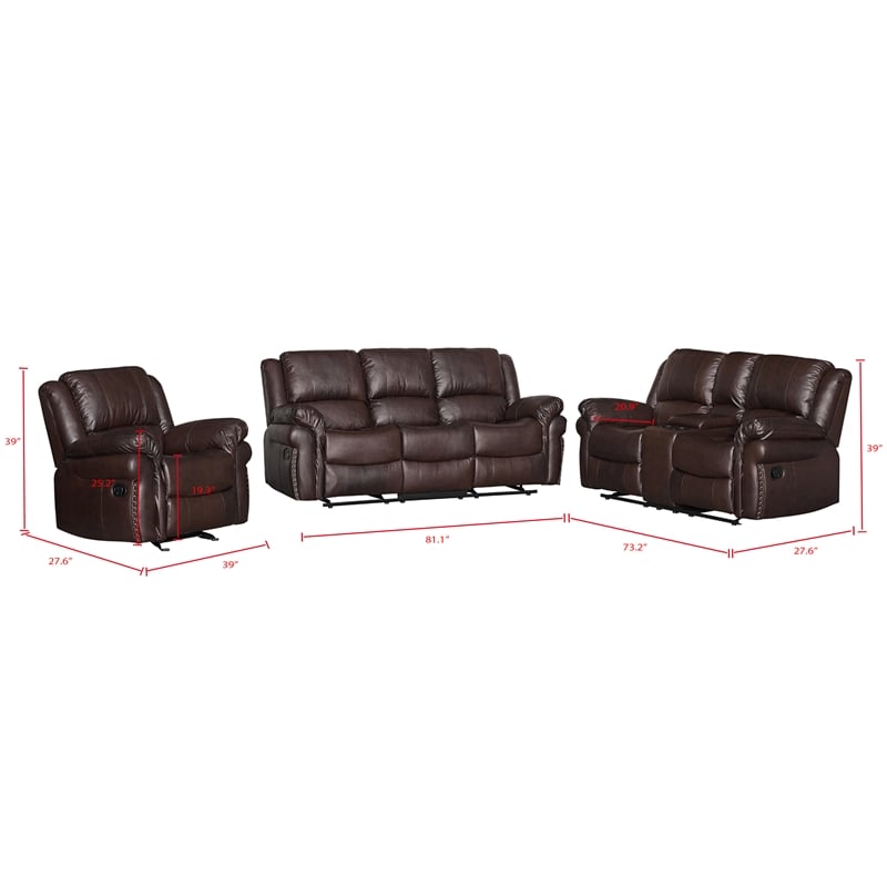 Pemberly Row 3-Piece Living Room Set Faux Leather Sofa Set in Brown