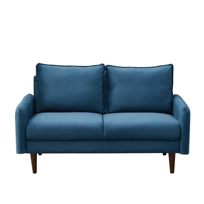 Pemberly Row Velvet Loveseat Sofa Wooden Legs for Living Room-Prussian Blue