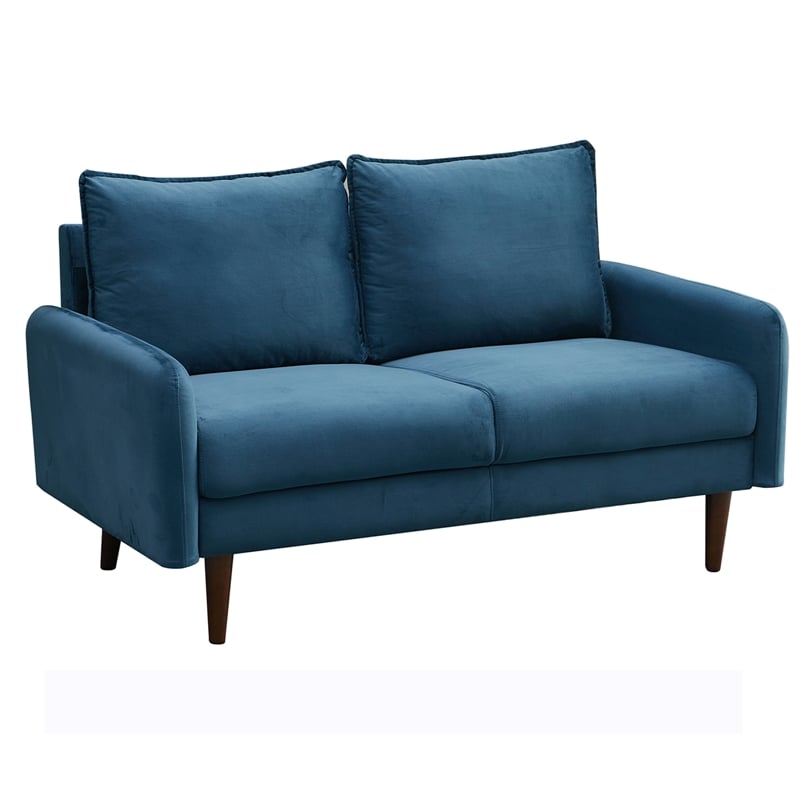 Pemberly Row Velvet Loveseat Sofa Wooden Legs for Living Room-Prussian Blue
