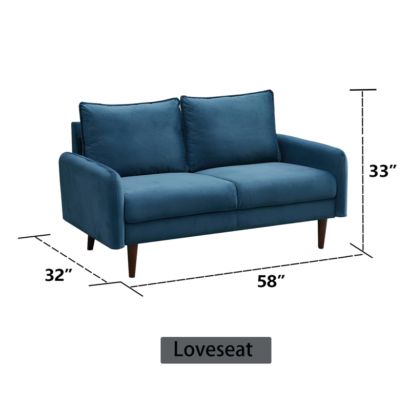 Pemberly Row Velvet Loveseat Sofa Wooden Legs for Living Room-Prussian Blue