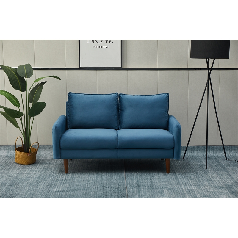 Pemberly Row Velvet Loveseat Sofa Wooden Legs for Living Room-Prussian Blue
