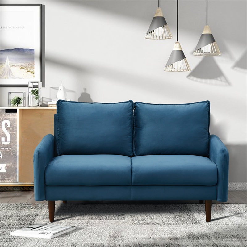 Pemberly Row Velvet Loveseat Sofa Wooden Legs for Living Room-Prussian Blue