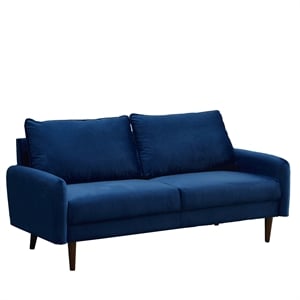 Pemberly Row Velvet Sofa Couch with Wooden Legs for Living Room in Space Blue