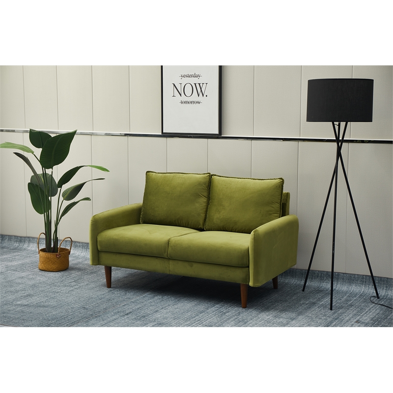 Pemberly Row Velvet Loveseat Sofa with Wooden Legs for Living Room-Army Green