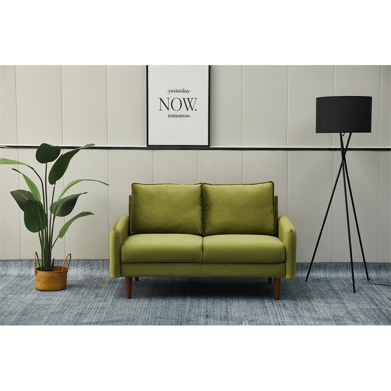 Pemberly Row Velvet Loveseat Sofa with Wooden Legs for Living Room-Army Green