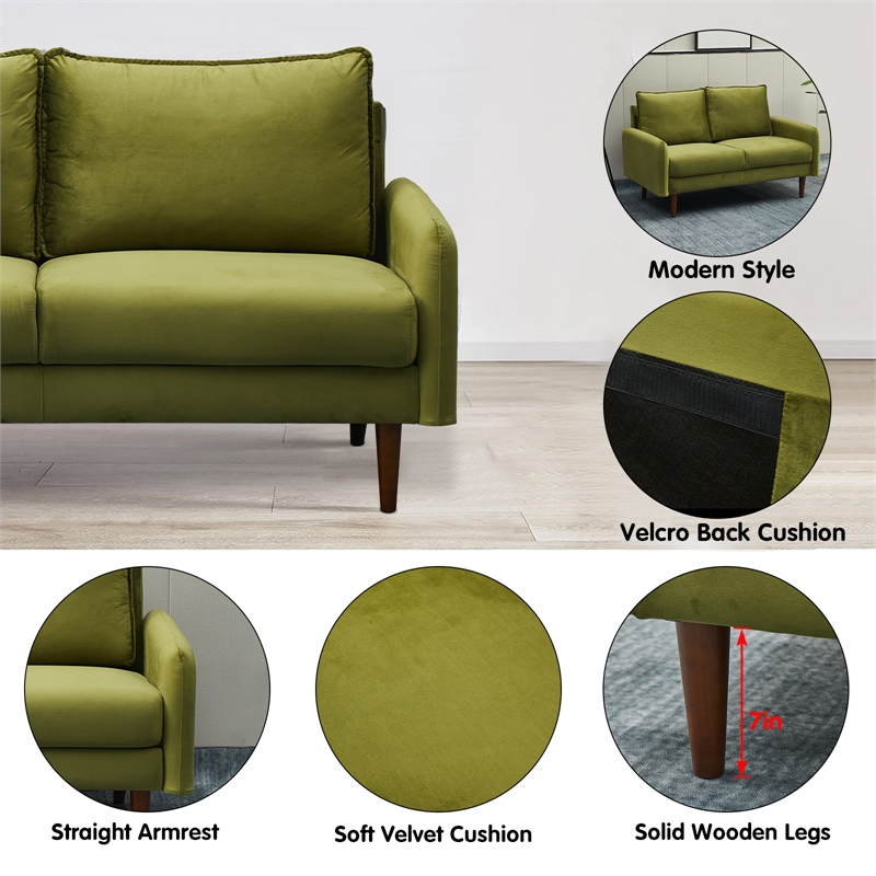 Pemberly Row Velvet Loveseat Sofa with Wooden Legs for Living Room-Army Green