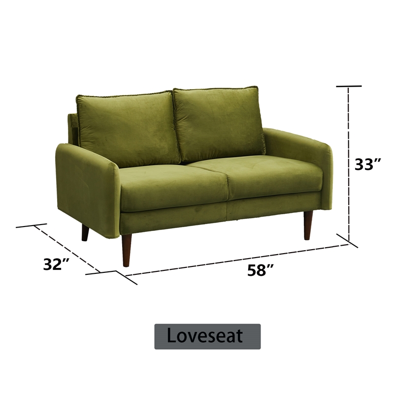 Pemberly Row Velvet Loveseat Sofa with Wooden Legs for Living Room-Army Green