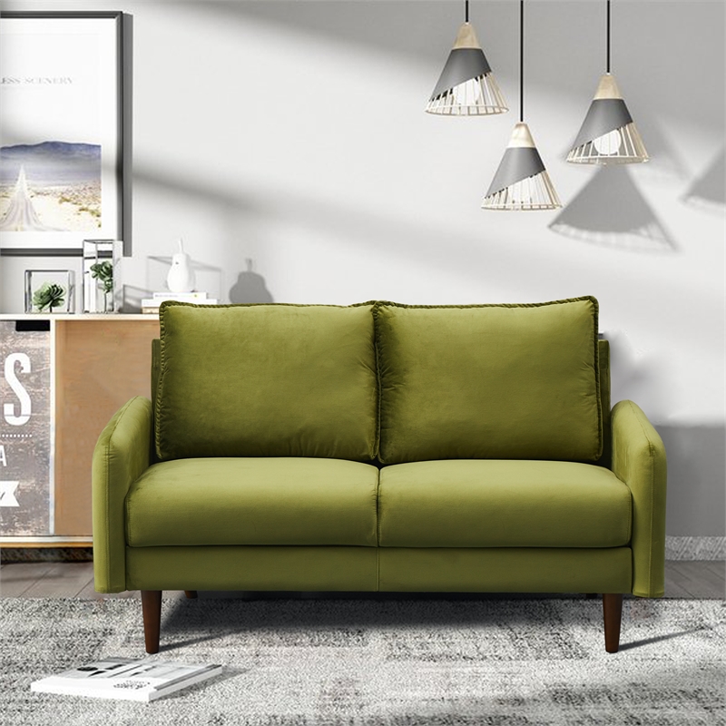 Pemberly Row Velvet Loveseat Sofa with Wooden Legs for Living Room-Army Green