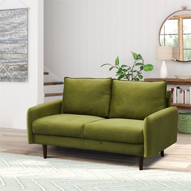 Pemberly Row Velvet Loveseat Sofa with Wooden Legs for Living Room-Army Green