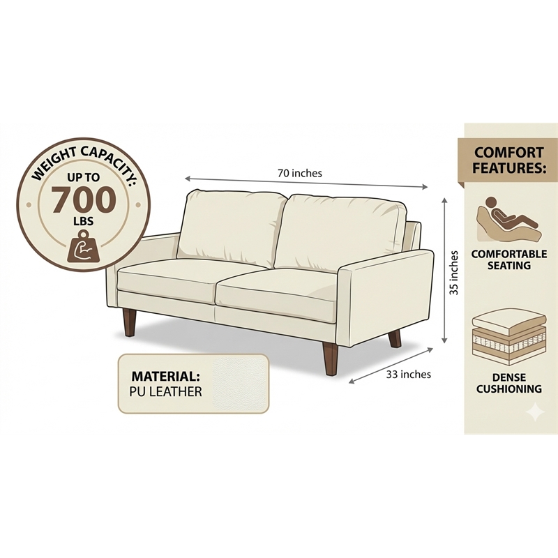 Pemberly Row Faux Leather Sofa Mid-Century Couch for Living Room/Office-Black