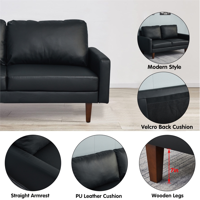 Pemberly Row Faux Leather Sofa Mid-Century Couch for Living Room/Office-Black