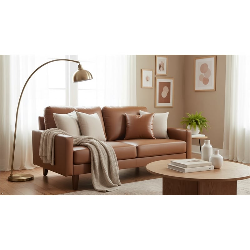 Pemberly Row Faux Leather Sofa Mid-Century Couch for Living Room/Office-Brown